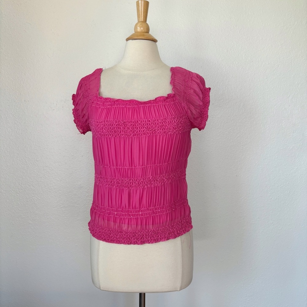 Vintage 90s Hot Pink Smocked Short Sleeve Off the Shoulder Short Sleeve Blouse
